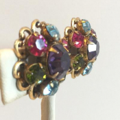Vintage 70s Colors Rhinestone Flower Earrings